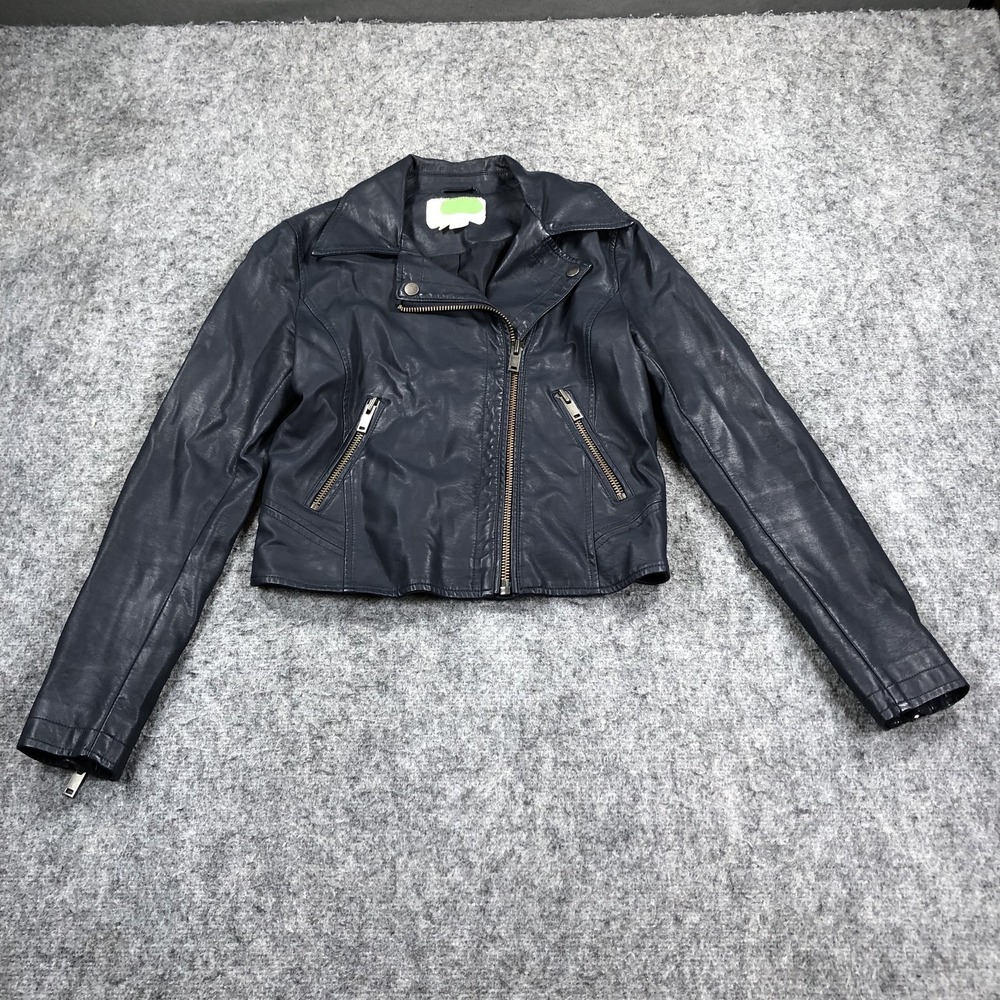 Anthropologie Moto Jacket Womens XS Blue Faux Leather Biker Zip Pockets